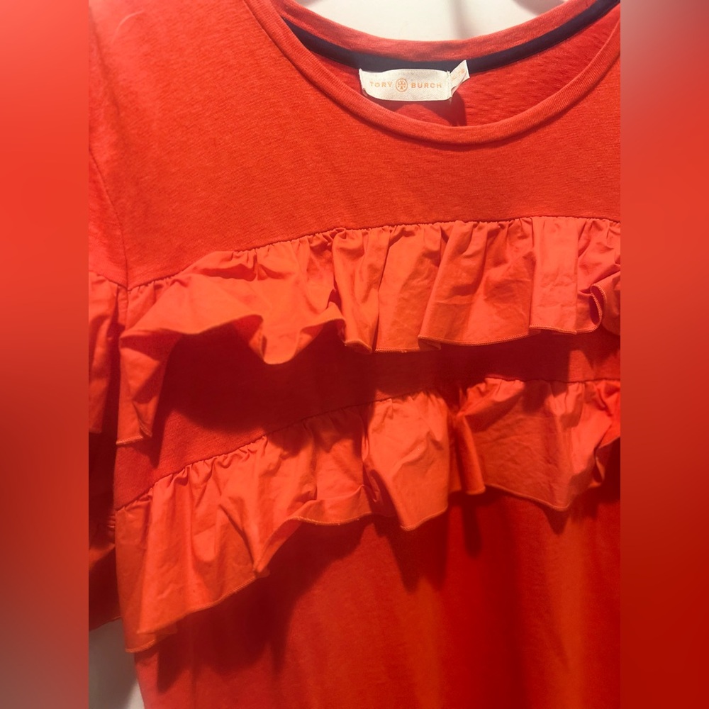 Tory Burch Orange Color 100% Cotton Ruffled T Shirt Size XL - Picture 3 of 5